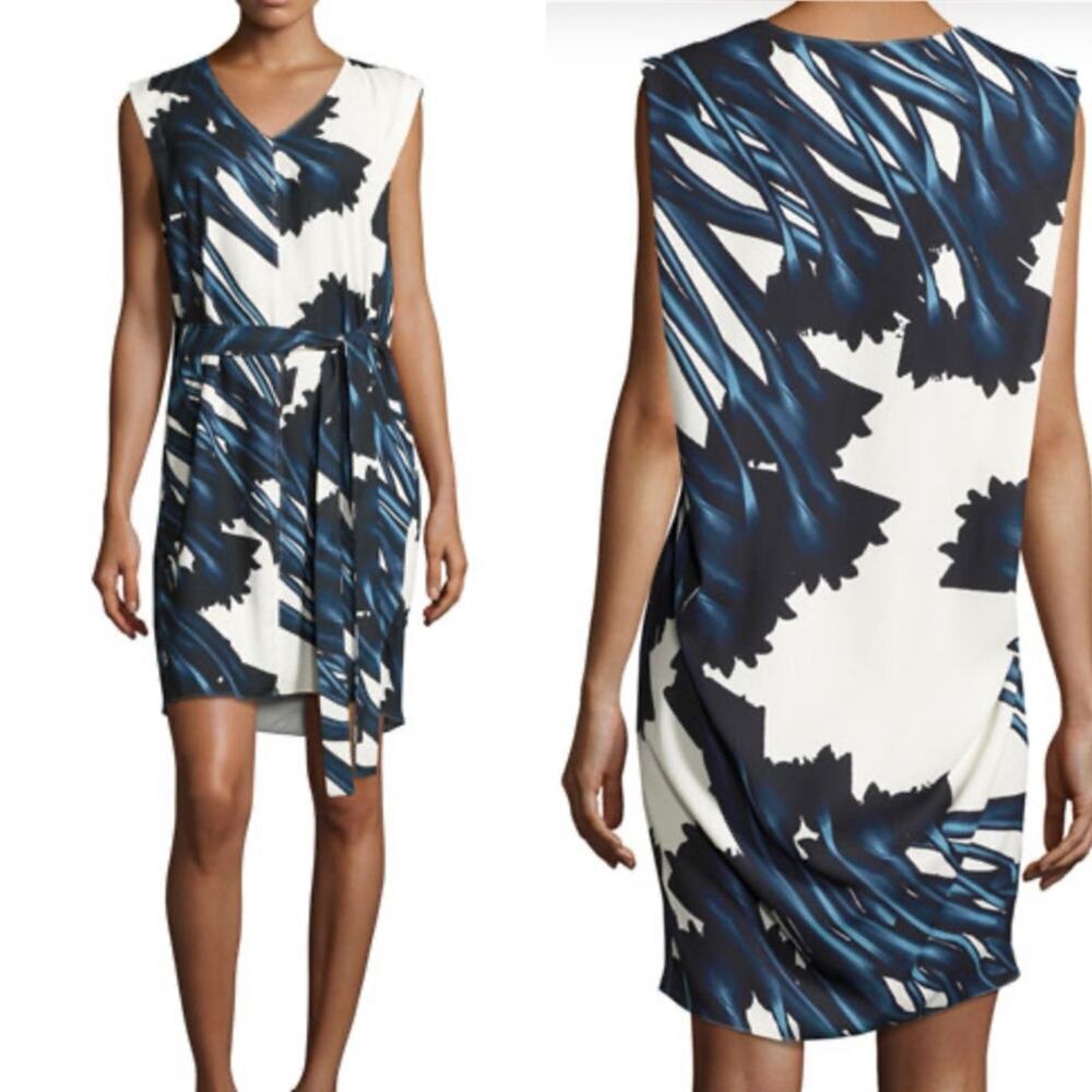 Halston Heritage Sleeveless Self-Tie Floral-Print Dress w/ Draped Back Size 4